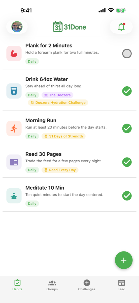 The 31Done habits screen, showing today's habits with completion circles and current streaks.