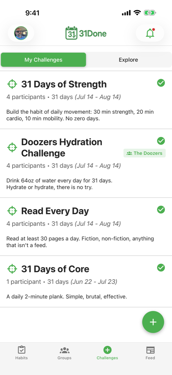 The 31Done challenges screen, listing active group and personal challenges.