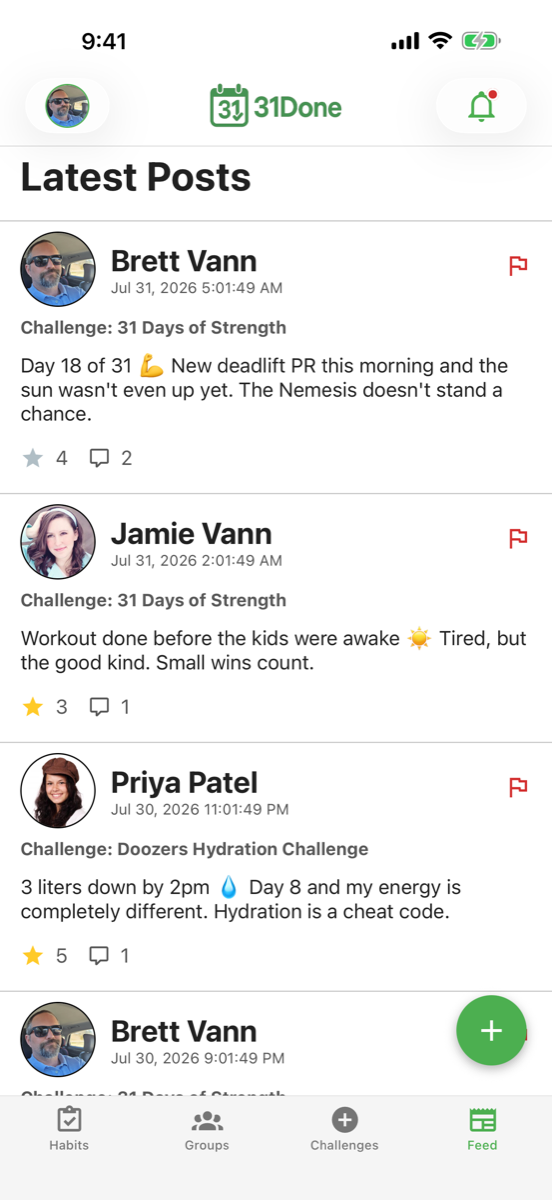 The 31Done social feed, showing friends' habit posts with cheers on each one.